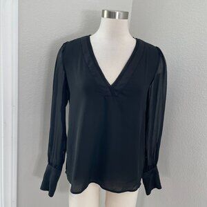 Express Womens Small‎ Black Sheer Long Sleeve V Neck Blouse Shirt Top